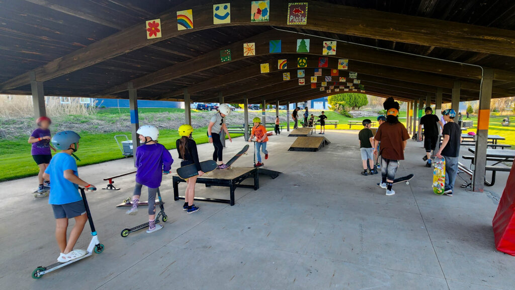 A wide angle of GBASO's mobile skate park ramps